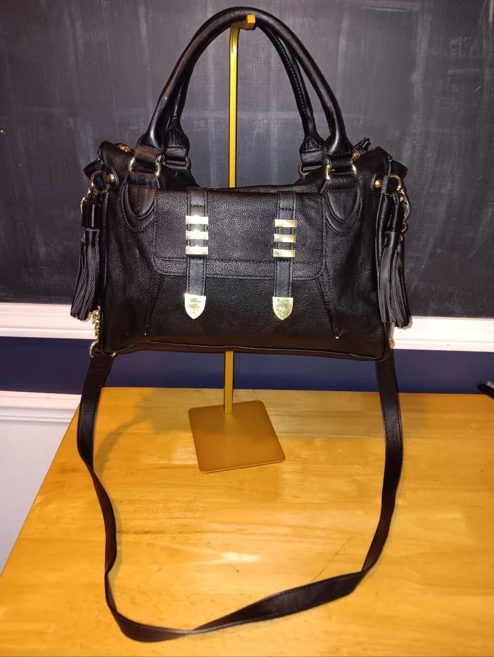 Steve Madden Black Leather Satchel with Gold Hardware
